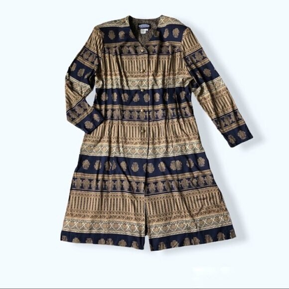 Vintage 80s Clues Collection Baroque Print Duster Robe Jacket Navy Tan XL - Picture 3 of 14